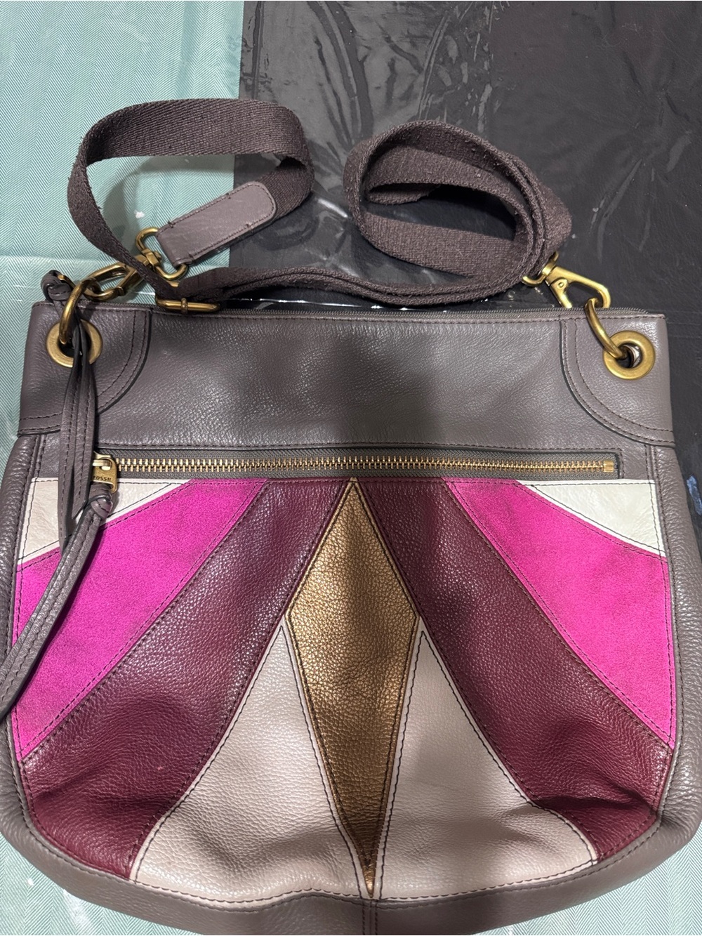 Fossil Leather Colorblock Crossbody Bag in Taupe, Pink & Burgundy